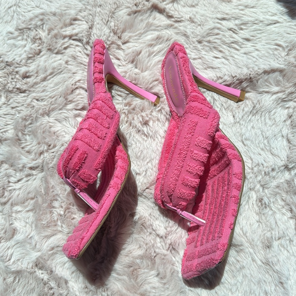 NEW MISS LOLA AMALI Terry Cloth Pink Open Square Toe Heels